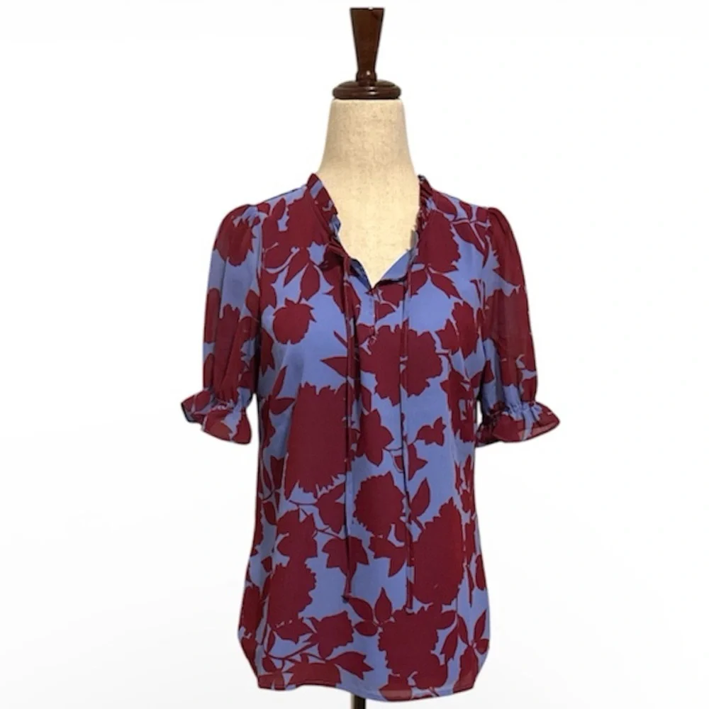 J. Crew Blue and Burgundy Floral Top
